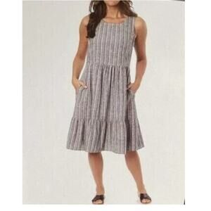 Briggs Linen Blend Tiered Dress Size 3X Striped Sleeveless Pockets Black White
